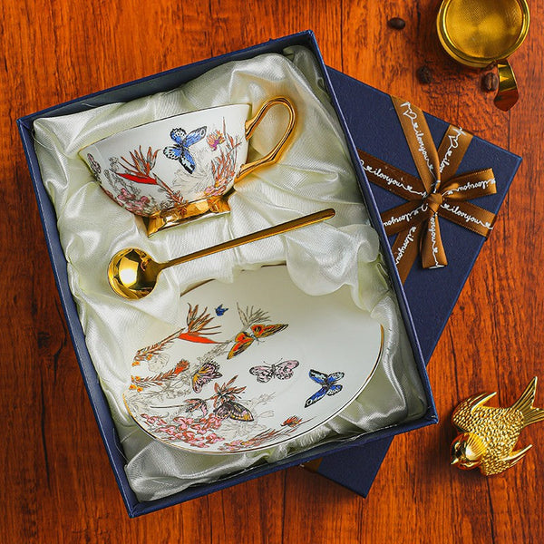 Ceramic Coffee Cups in Gift Box, Butterfly Pattern Porcelain Tea Cup and Saucer Set, British Traditional Afternoon Tea Cup and Saucer Set-Silvia Home Craft