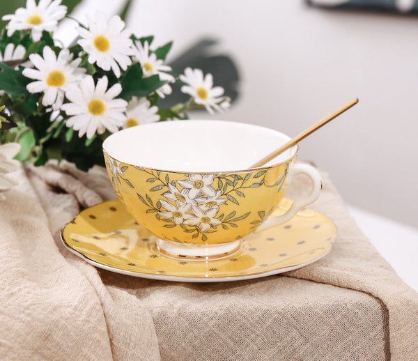 Creative Yellow Ceramic Coffee Cups, Unique Flower Coffee Cup and Saucer, Beautiful British Tea Cups, Creative Porcelain Tea Cup Set-Silvia Home Craft