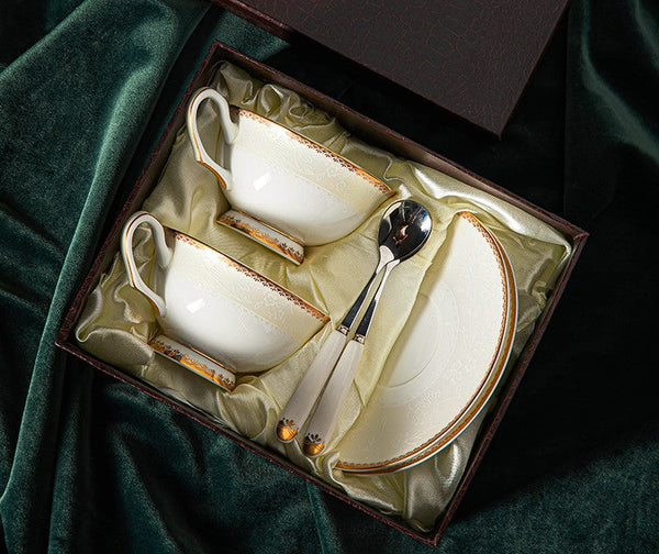 Elegant British Ceramic Coffee Cups, 7.8 oz Porcelain Coffee Cup Set, White Ceramic Cups, Unique Tea Cup and Saucer in Gift Box-Silvia Home Craft