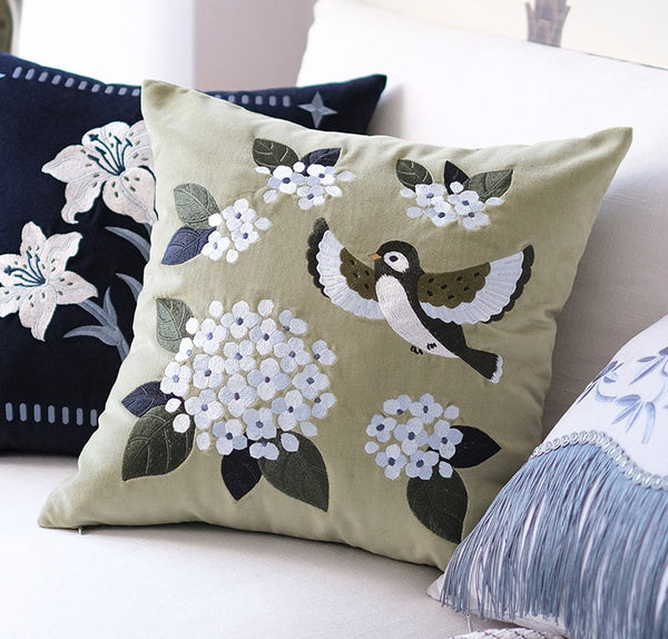 Living Room Decorative Pillows, Embroidered Swallow Birds Cushion, Large Decorative Pillows for Couch, Modern Throw Pillows for Bedroom, Decorative Pillow Arrangement Ideas for Couch-Silvia Home Craft