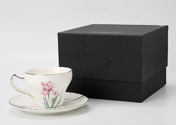 Iris Flower British Tea Cups, Beautiful Porcelain Tea Cup Sucer Set, Traditional English Tea Cups and Saucers, Unique Ceramic Coffee Cups in Gift Box-Silvia Home Craft