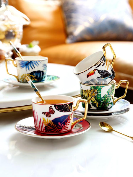 Butterfly Pattern Porcelain Coffee Cups, 7.4 oz Coffee Cups with Gold Trim and Gift Box, Tea Cup and Saucer-Silvia Home Craft