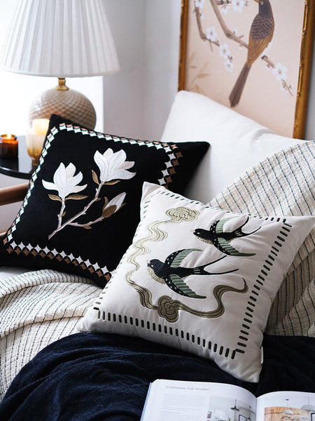 Luxury Decorative Pillows for Couch, Modern Throw Pillows for Couch, Vintage Decorative Pillows, Embroidered Swallow Birds Cushion, Decorative Pillow Arrangement Ideas for Bed-Silvia Home Craft