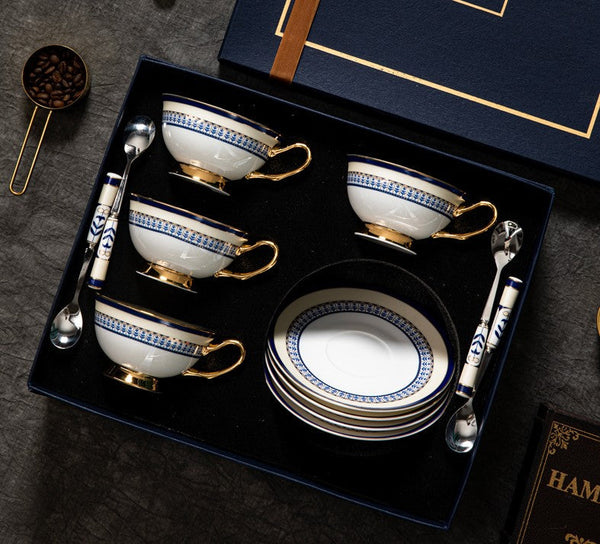 Blue Porcelain Tea Cup Saucer Set, Elegant British Ceramic Coffee Cups, Unique British Tea Cup and Saucer in Gift Box-Silvia Home Craft