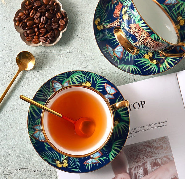 Creative Leopard Ceramic Coffee Cups, 6.8 oz Tea Cup and Saucer in Gift Box as Birthday Gift, Beautiful British Tea Cups, Creative Porcelain Tea Cup Set-Silvia Home Craft