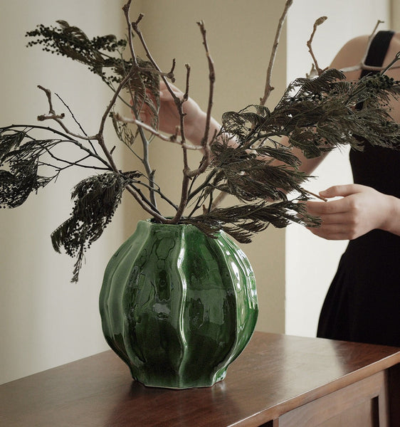 Handmade Modern Flower Vase, Centerpiece Ceramic Bouquet Vases, Large Contemporary Vases on Dining Table, Green Porcelain Vases for Modern Home Decor-Silvia Home Craft