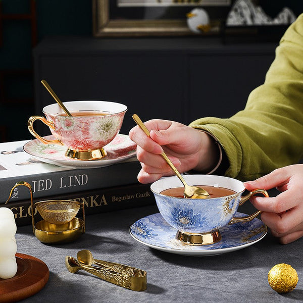 Unique Tea Cups and Saucers in Gift Box, Blue and Pink Beautiful British Tea Cups, Elegant Ceramic Coffee Cups, Creative Bone China Porcelain Tea Cup Set-Silvia Home Craft