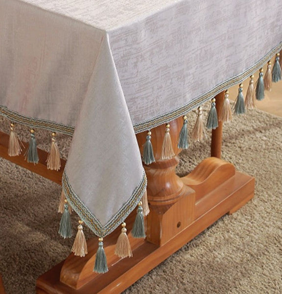 Gray Fringes Tablecloth for Home Decoration, Modern Rectangle Tablecloth, Large Simple Table Cloth for Dining Room Table, Square Tablecloth for Round Table-Silvia Home Craft