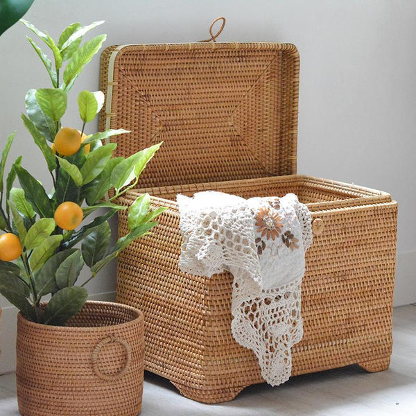 Large Rectangular Storage Basket with Lid, Rattan Storage Case, Storage Baskets for Bedroom, Rectangular Woven Storage Baskets for Clothes-Silvia Home Craft