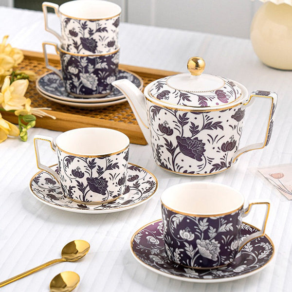 Porcelain Tea Cup and Saucer Set of 4 cups, 8 oz British Traditional Afternoon Tea Cup Set with Teapot, Ceramic Coffee Cup with Saucer in Gift Box-Silvia Home Craft