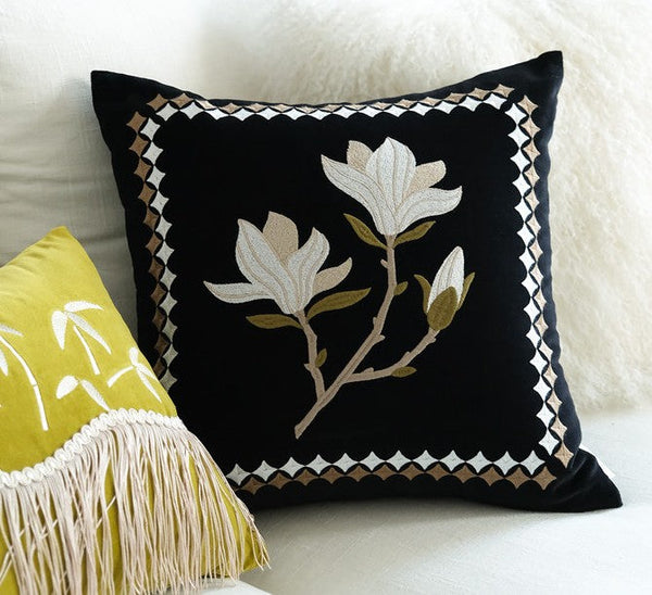 Decorative Pillow Arrangement Ideas for Couch, Magnolia Embroidered Cushion, Large Decorative Pillows for Couch, Modern Throw Pillows for Bedroom, Living Room Decorative Pillows-Silvia Home Craft