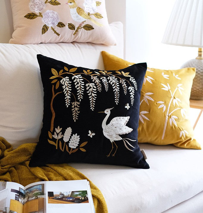 Decorative Pillow Arrangement Ideas For Bed, Embroidered Egret Cushion, Nature Inspired Accents