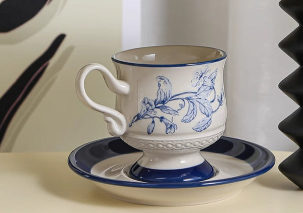 Creative Blue Coffee Cup and Saucer, 8 oz Ceramic Cups for Traditional Afternoon Tea, Creative Porcelain Tea Cup Saucer Set, Beautiful British Tea Cups-Silvia Home Craft