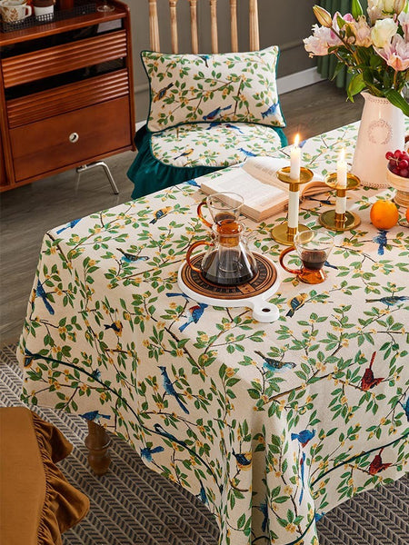 Large Modern Rectangle Tablecloth for Dining Room Table, Bird Flower Pattern Farmhouse Table Cloth, Square Tablecloth for Round Table-Silvia Home Craft