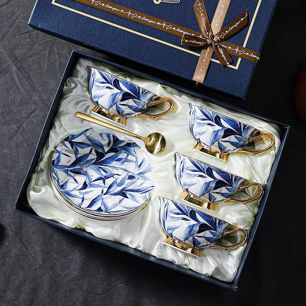 Unique British Tea Cup and Saucer in Gift Box, Blue Porcelain Tea Cup Saucer Set, 7.4 oz British Ceramic Coffee Cups-Silvia Home Craft