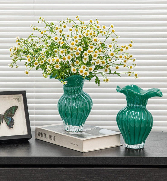 Contemporary Vases for Modern Home Decor, Unique Handmade Liuli Vases, Color Glaze Vase, Green Glass Bud Vases, Centerpiece Vases on Table-Silvia Home Craft