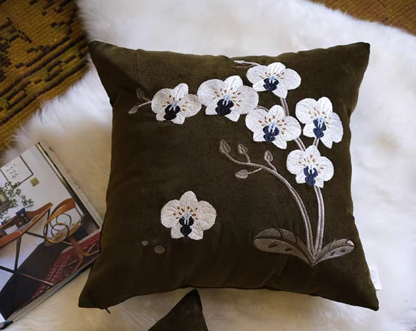 Large Decorative Pillows for Couch, Dark Olive Green Embroidered Moth Orchid Cushion, Decorative Pillow Arrangement Ideas for Couch, Living Room Decorative Pillows, Modern Throw Pillows for Bedroom-Silvia Home Craft
