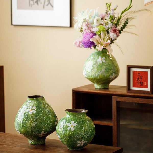 Centerpiece on Dining Table, Handmade Water Holding Flower Vases, Modern Pottery Flower Vases, Pottery Bud Vases, Large Green Flower Vases on Table-Silvia Home Craft