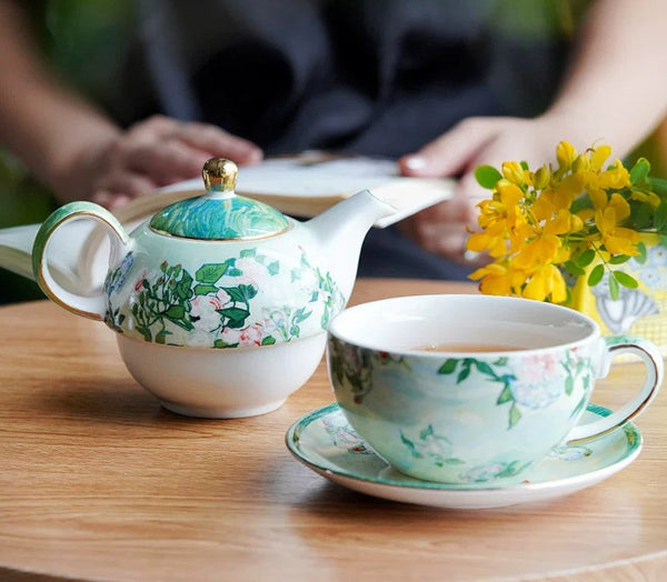 Ceramic Tea Pot with Integrated Cup, Mother-and-Baby Teapot with Matching Saucer, Vintage Style Stackable Tea Pot Set, English Style Tea Pot and Cup Set-Silvia Home Craft