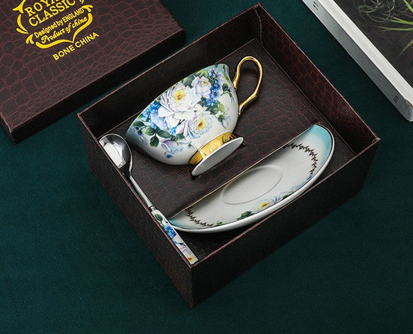Elegant British Ceramic Coffee Cups, 7.4 oz Tea Cup and Saucer in Gift Box, Royal Porcelain Tea Cup Saucer Set, Rose Flower Pattern Ceramic Cups-Silvia Home Craft
