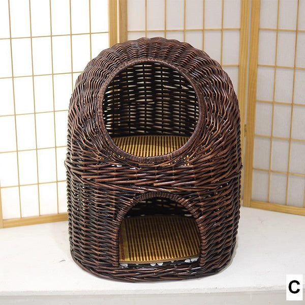 Large Double-Layer Cat Bed, Wicker Cat House Basket with Washable Cushion for Indoor Cats and Dogs-Silvia Home Craft