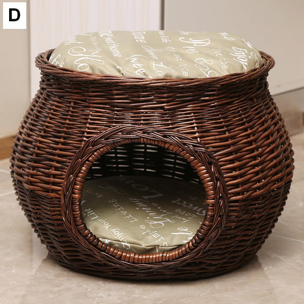 Rattan Cat Bed, Wicker Cat House Basket with Washable Cushion for Indoor Cats and Dogs-Silvia Home Craft