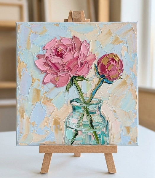 Still Life Painting, Blooming Chinese Rose Flower in Glass Vase, Impasto Heavy Texutre Art, Small Canvas Artwork, Original Flower Paintings, Hand Painted Canvas Art