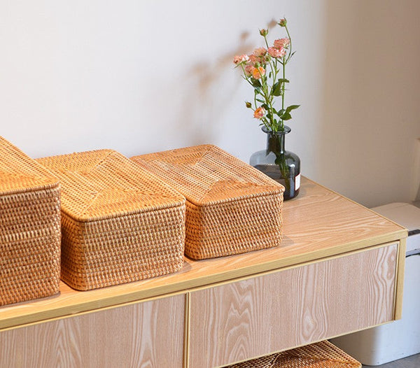Woven Storage Baskets, Rectangular Storage Basket with Lid, Large Storage Basket for Clothes, Storage Baskets for Shelves, Kitchen Storage Baskets-Silvia Home Craft