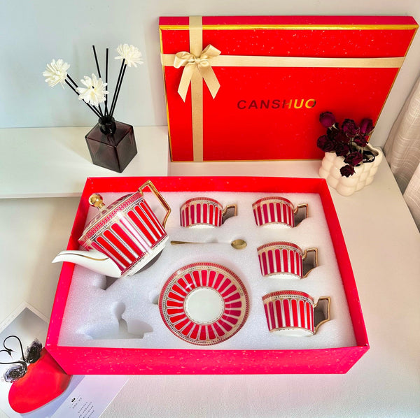 Beautiful Porcelain Tea Cup and Saucer Set of 4 cups, 7.4 oz Red Tea Cup and Saucer Set with Teapot in Gift Box, Modern Ceramic Coffee Cups-Silvia Home Craft