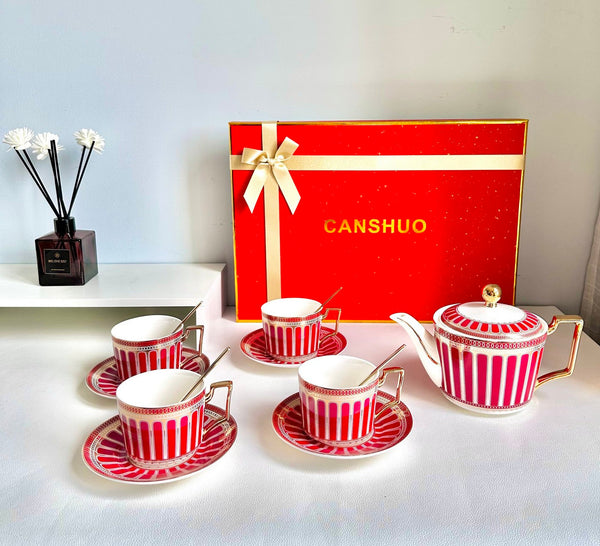 Modern Ceramic Coffee Cups, 7.4 oz Red Tea Cup and Saucer Set of 4 cups with Teapot in Gift Box, Porcelain Tea Cup and Saucer Set-Silvia Home Craft