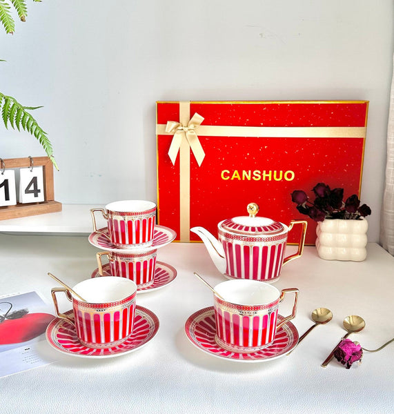 Beautiful Porcelain Tea Cup and Saucer Set of 4 cups, 7.4 oz Red Tea Cup and Saucer Set with Teapot in Gift Box, Modern Ceramic Coffee Cups-Silvia Home Craft