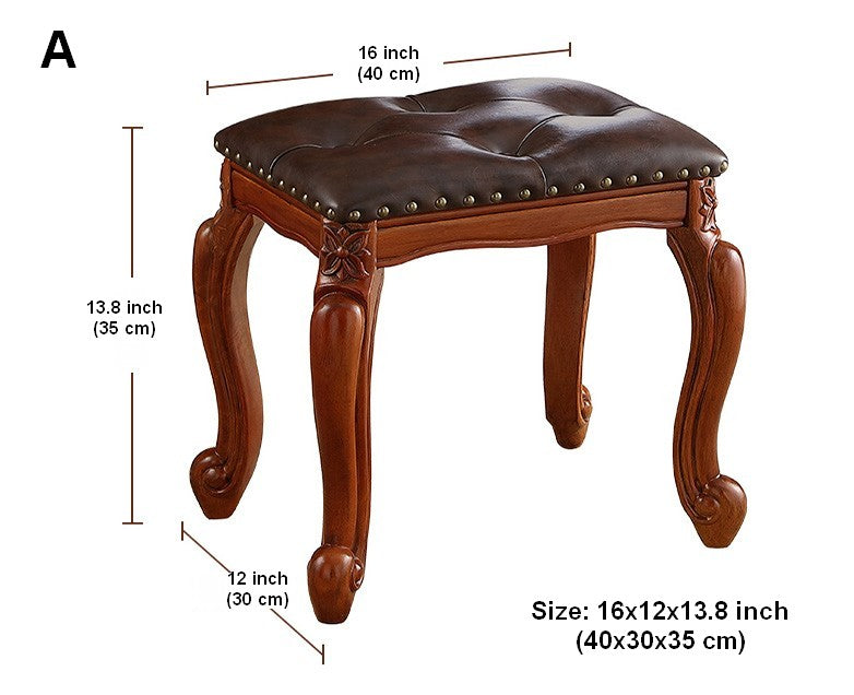 Rubberwood Entry Bench, Vanity Stool, Genuine Leather Solid Wood Entry Bench, Vintage Entry Stool, Solid Wood Ottoman-Silvia Home Craft