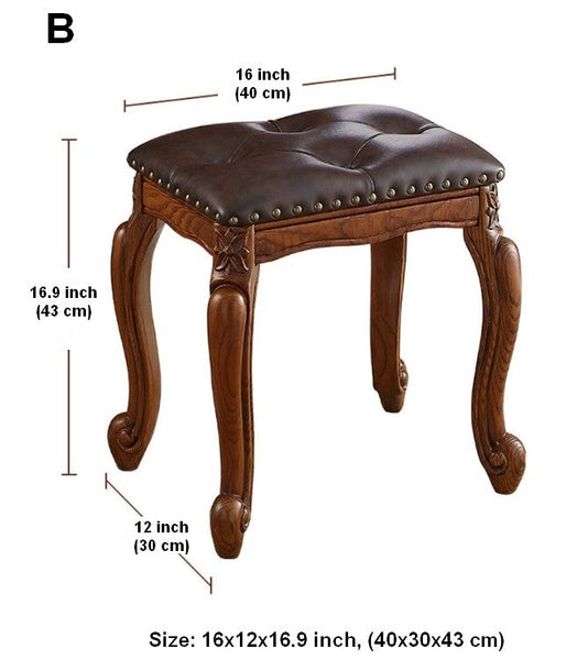 Rubberwood Entry Bench, Vanity Stool, Genuine Leather Solid Wood Entry Bench, Vintage Entry Stool, Solid Wood Ottoman-Silvia Home Craft