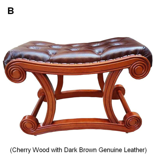 Vintage Leather Stool, Genuine Leather Solid Wood Entry Bench, Cherry Wood Footstool, Long Bench, Vanity Stool, Dressing Table Stool-Silvia Home Craft