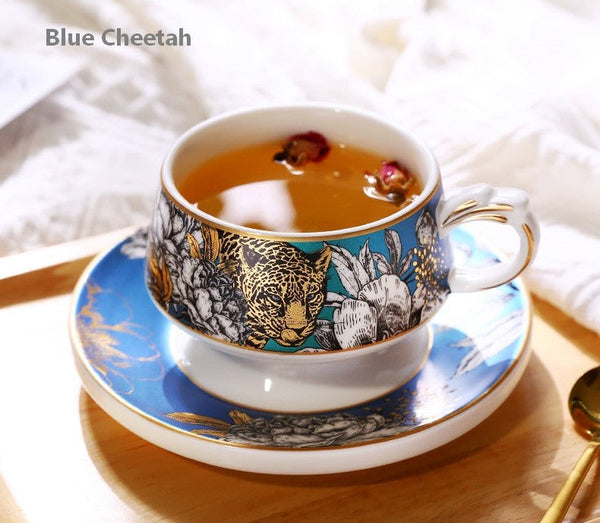 Creative Ceramic Tea Cups and Saucers, Jungle Tiger Cheetah Porcelain Coffee Cups, Unique Ceramic Cups with Gold Trim and Gift Box-Silvia Home Craft