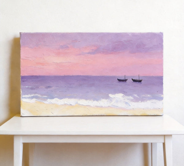 Original Seascape Paintings, Small Canvas Paintings, Sunset Paintings, Silence of the Twilight Sea, Hand Painted Canvas Wall Art-Silvia Home Craft