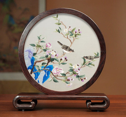 Premium Souvenir, Silk Embroidered Ornament, Exclusive Business Presents, Creative Birthday Gift, Traditional Chinese Suzhou Flower and Birds Embroidery Ornaments-Silvia Home Craft