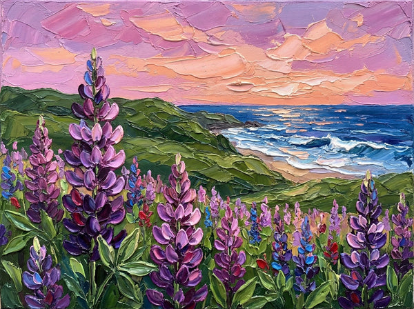 Simple Painting Ideas, Lupines in Bloom by the Sea, Landscape Canvas Paintings, Impasto Wall Art Paintings, Original Oil Paintings, Small Wall Art on Canvas-Silvia Home Craft
