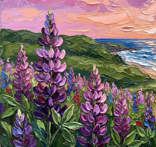 Simple Painting Ideas, Lupines in Bloom by the Sea, Landscape Canvas Paintings, Impasto Wall Art Paintings, Original Oil Paintings, Small Wall Art on Canvas-Silvia Home Craft
