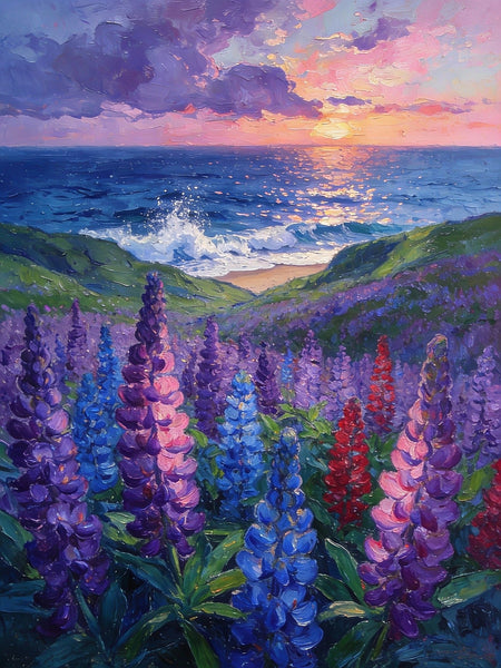 Lupines in Bloom by the Sea, Impasto Paintings, Original Small Paintings, Small Oil Paintings, Small Wall Paintings, Landscape Artwork Canvas Paintings-Silvia Home Craft