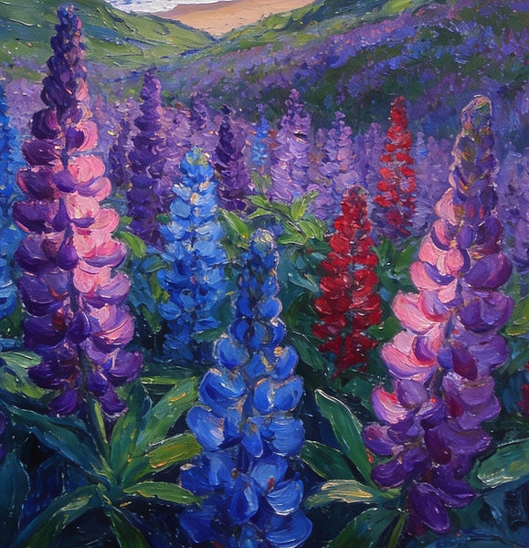 Lupines in Bloom by the Sea, Impasto Paintings, Original Small Paintings, Small Oil Paintings, Small Wall Paintings, Landscape Artwork Canvas Paintings-Silvia Home Craft