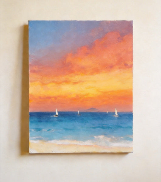 Hand Painted Canvas Artwork, Original Oil Paintings, Sunset Sail on the Horizon, Original Seascape Paintings, Buy Small Paintings Online-Silvia Home Craft