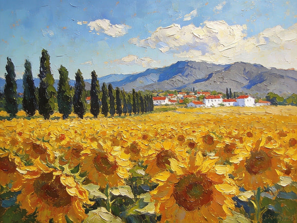 Heavy Texture Paintings, Sunflower Fields of Provence, Hand Painted Canvas Art, Original Small Landscape Paintings, Small Oil Paintings on Canvas, Small Paintings on Canvas, Palette Knife Artwork-Silvia Home Craft