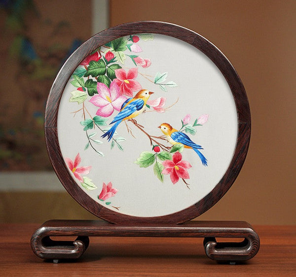 Silk Embroidered Ornament, Traditional Chinese Suzhou Flower and Birds Embroidery Ornaments, Exclusive Business Presents, Creative Birthday Gift, Premium Souvenir-Silvia Home Craft