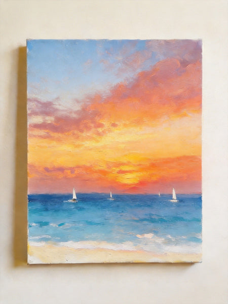 Original Oil Paintings, Sunset Sail on the Horizon, Original Seascape Paintings, Hand Painted Canvas Artwork, Buy Small Paintings Online-Silvia Home Craft