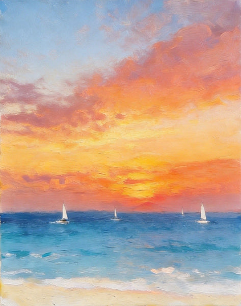 Original Oil Paintings, Sunset Sail on the Horizon, Original Seascape Paintings, Hand Painted Canvas Artwork, Buy Small Paintings Online-Silvia Home Craft