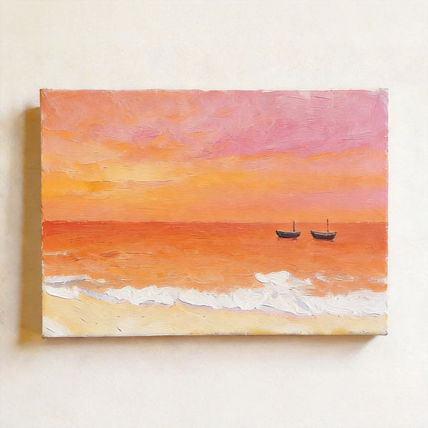 Original Oil Paintings, Silence of the Orange Twilight, Original Seascape Painting, Hand Painted Canvas Artwork, Buy Small Paintings Online, Original Canvas Art-Silvia Home Craft
