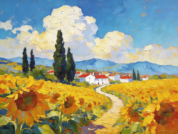 Small Wall Paintings, A Provençal Village Amidst Sunflower Fields, Small Oil Paintings on Canvas, Hand Painted Canvas Art, Heavy Texture Oil Paintings, Original Artwork Small Paintings-Silvia Home Craft