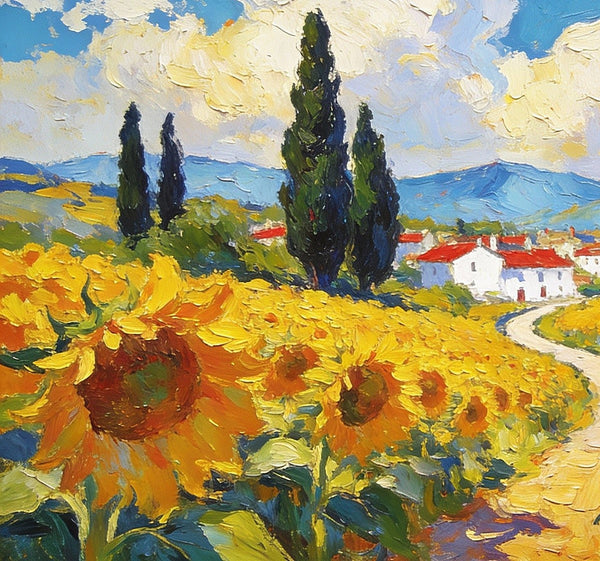 Small Wall Paintings, A Provençal Village Amidst Sunflower Fields, Small Oil Paintings on Canvas, Hand Painted Canvas Art, Heavy Texture Oil Paintings, Original Artwork Small Paintings-Silvia Home Craft