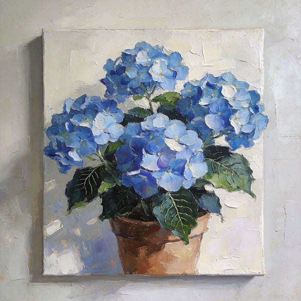 Small Canvas Artwork, Still Life Painting, Blue Plumbago Flourishing In A Pot, Original Flower Paintings, Buy Small Artwork Online, Hand Painted Canvas Artwork-Silvia Home Craft
